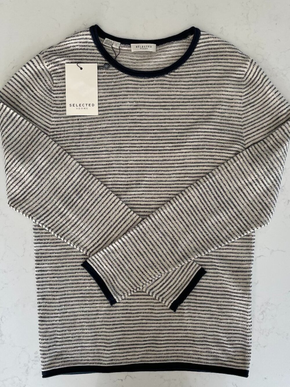 Selected Homme SLHDEAN Mix Crew Nk LS Striped Lightweight Sweater Navy Bone Wt S - Picture 12 of 12